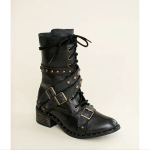 Joyfolie Rory Leather Combat/Military Boot in Distressed Black NWOT